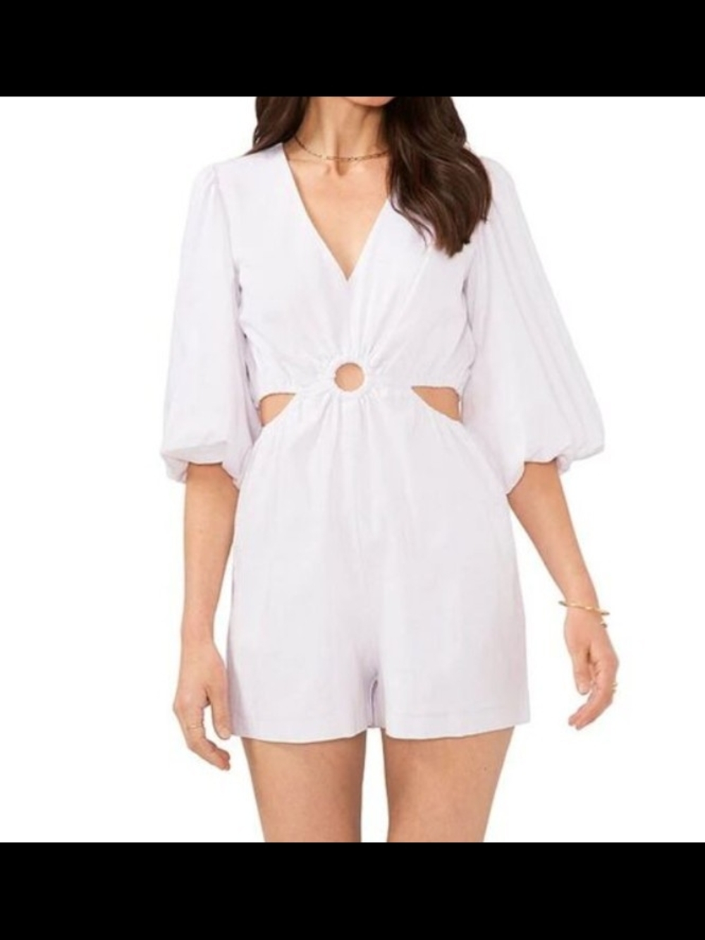1. State Size XL White Ring-Front V-Neck Romper,  Puff Sleeves And Side Cutouts